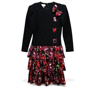 David Warren New York Women 12 Floral Drop Waist Black & Red Bow Dress